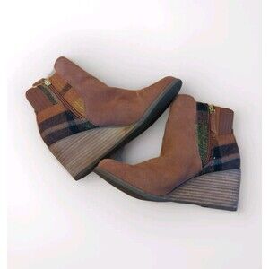 Toms Sadie Wedge Ankle Booties Womens 7.5 Plaid Brown Suede Zip